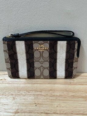 Coach Brown & Cream Signature Stripe Wristlet with Gold Logo